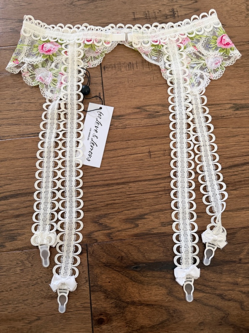 For Love and Lemons Trellis Rose Lace Garter with Pink Rose Embroidery - Picture 4 of 4